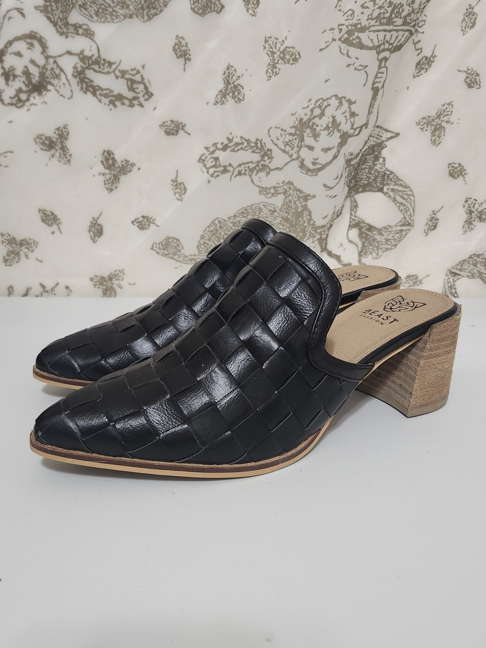 BEAST FASHION Black Woven Leather Mule Heels with Wood Block Heel 9